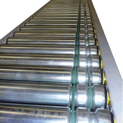 Convoyeur à rouleaux commandés par arbre de renvoi et courroies rondes